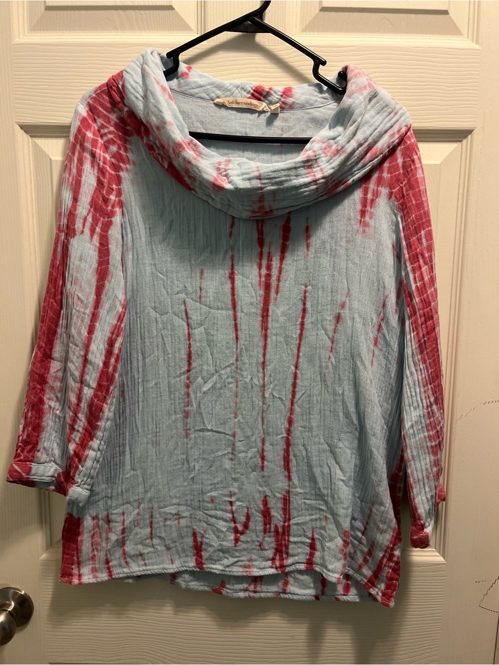 Soft Surroundings Light Blue Pullover with Red Tie-Dye Accents